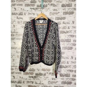 Vintage Preppy Cardigan Sweater Size Small Black Red Geometric 90s Boxy Crop